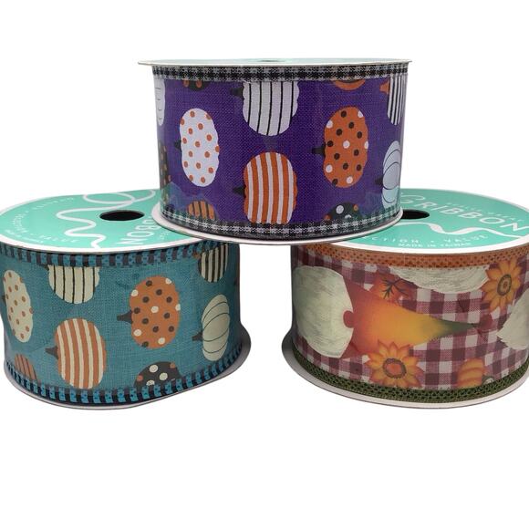 Fall Ribbon Lot 6 Rolls Wired Edge Pumpkins Plaid Gnomes Animal Print Autumn - Picture 11 of 12